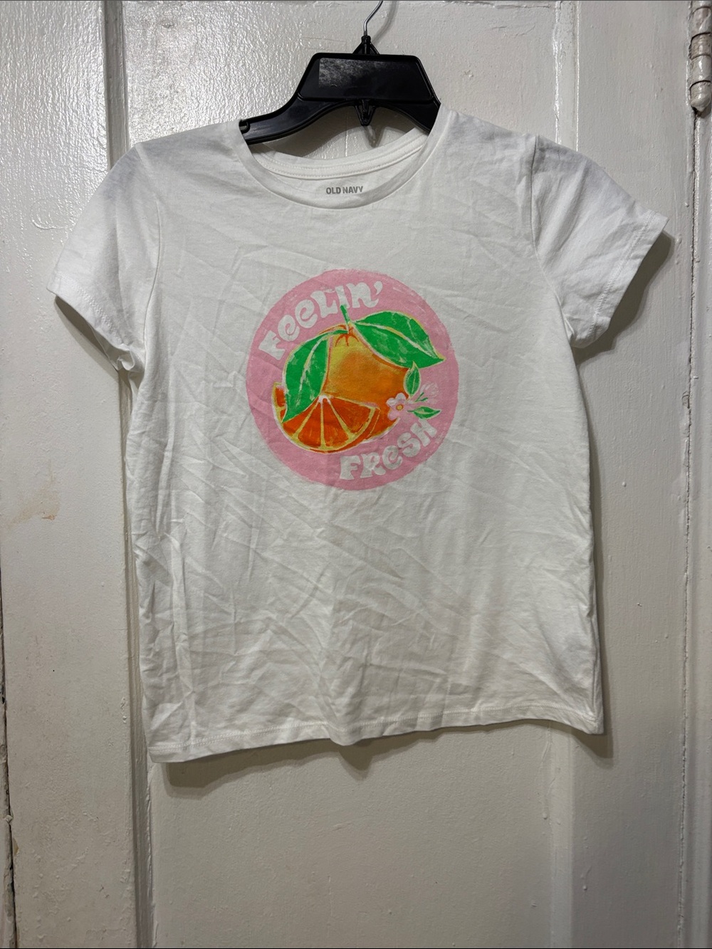 Old Navy White Tee with Orange & Green 'Feelin' Fresh' Fruit Graphic